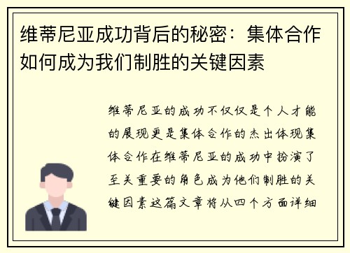 维蒂尼亚成功背后的秘密：集体合作如何成为我们制胜的关键因素